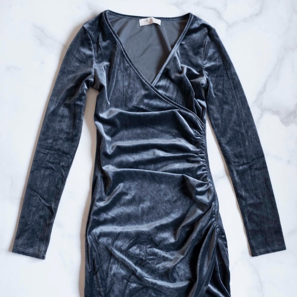 Dark Silver Velvet Asymmetrical Mini Dress